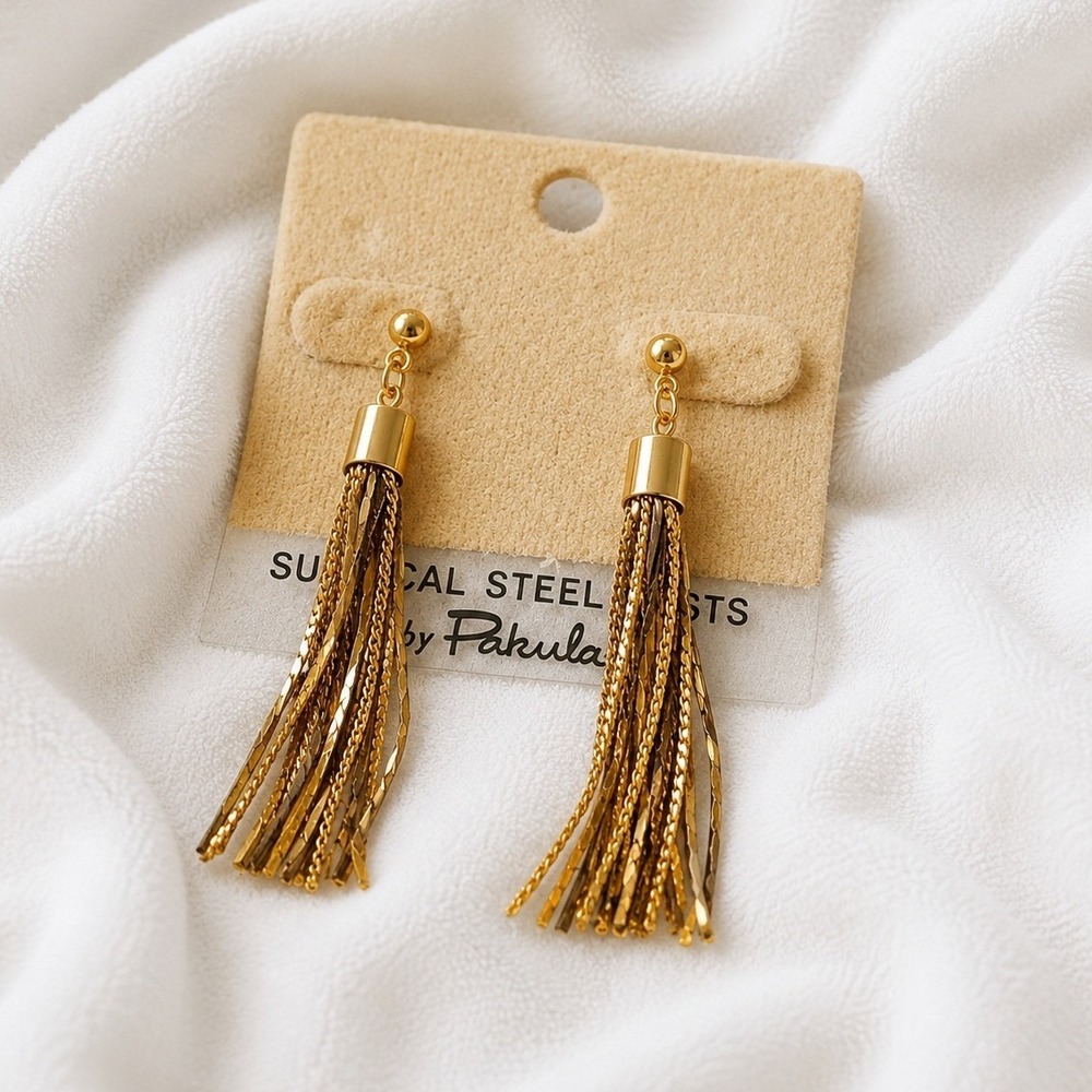 VTG Pakula Gold‎ Tone Tassel Earrings Dangle Drop Textured Korea Surgical Steel